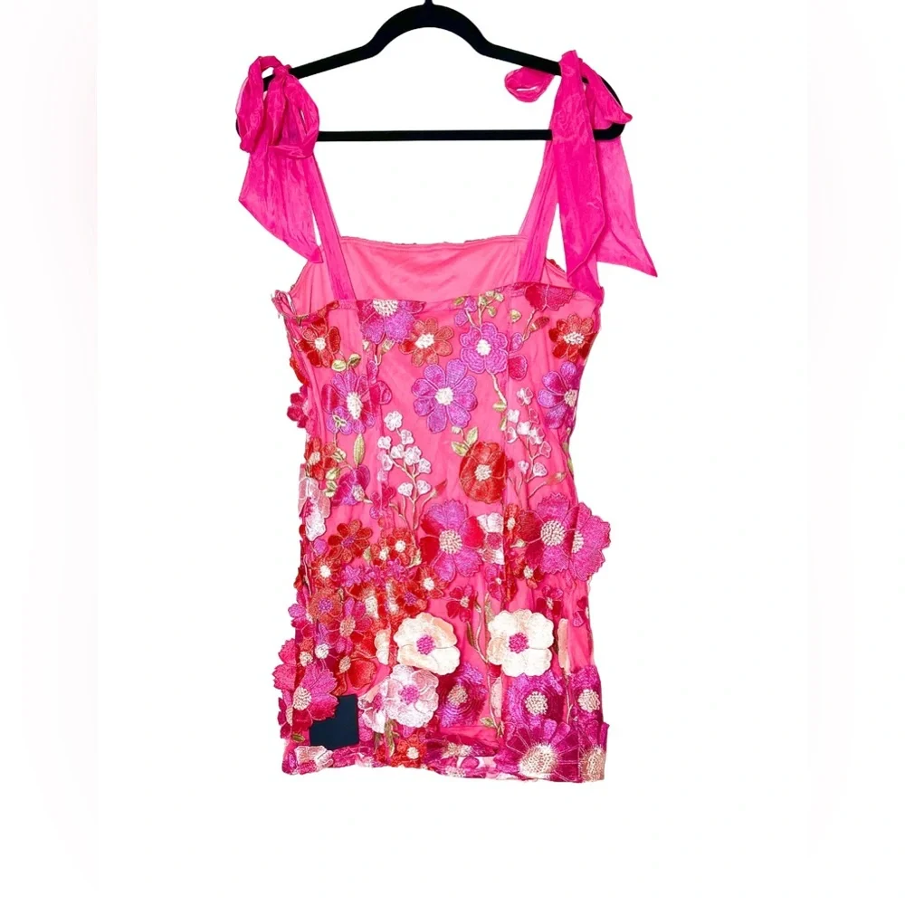 NWT Lulus Emphatically Adorable Hot Pink Floral Tie-Strap Mini Dress, Medium - Picture 6 of 15